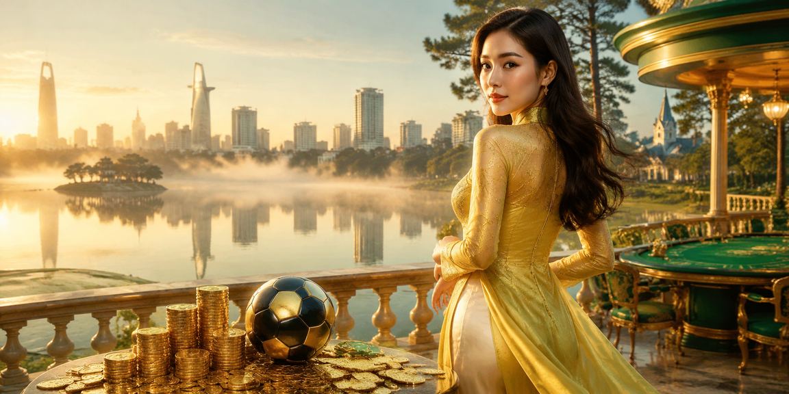 Người dùng mặc áo dài tại Đà Lạt nhận thưởng nạp tiền từ okking99 trên điện thoại giữa khung cảnh thành phố sương mù