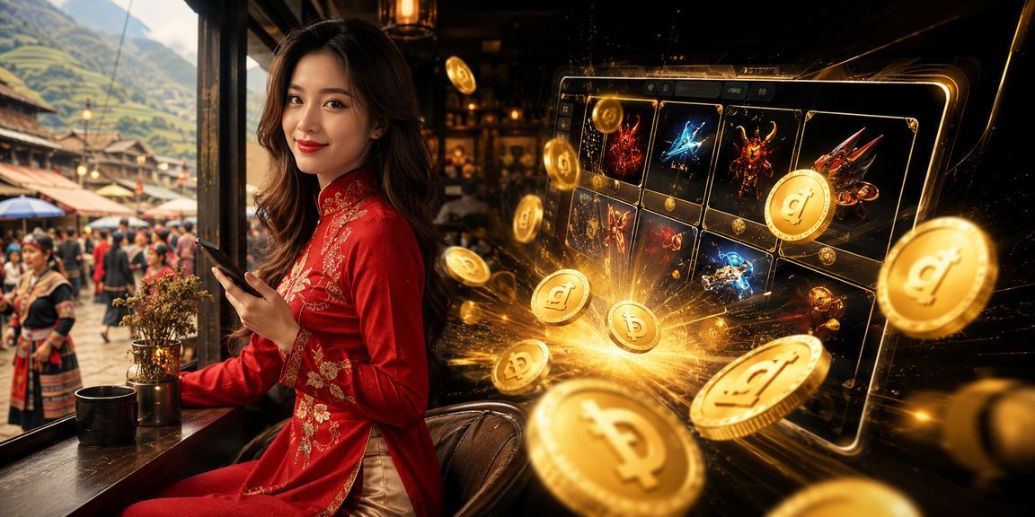 Người chơi cá cược esports tại Sapa trong trang phục áo dài truyền thống, theo dõi trận đấu trên điện thoại thông minh