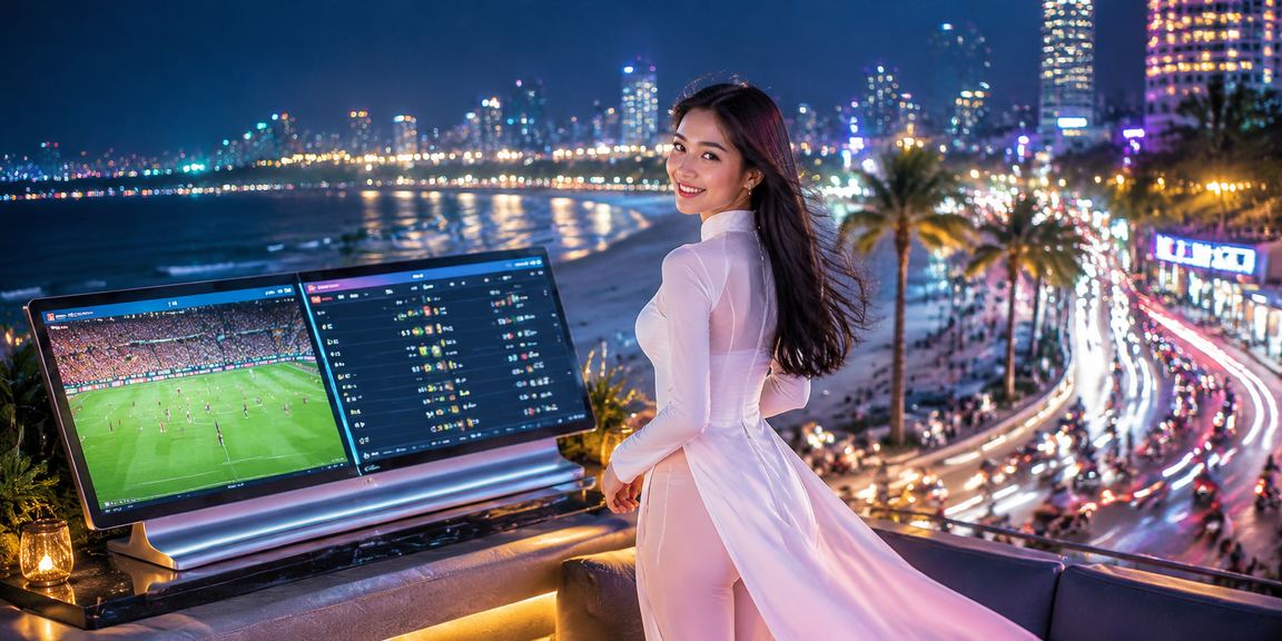 Người hâm mộ cá cược thể thao tại Vũng Tàu trong trang phục áo dài truyền thống, theo dõi bảng tỷ lệ kèo trên thiết bị di động